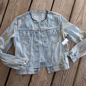 gap collarless denim jacket